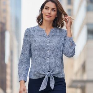 Talbots Blue Geometric Print Blouse NWT Tie-Front Button Down Long Sleeve Sz PS